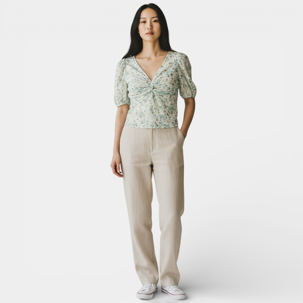 Floral Mint Green Eyelet V-neckline Puffsleeves Sheer Women Blouse Top Small